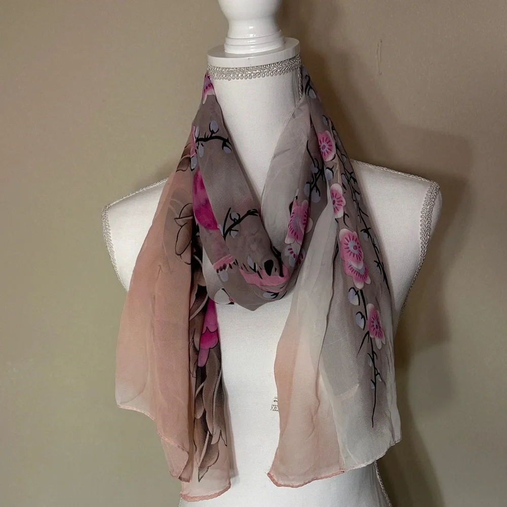 Chic Floral Pink and Brown Scarf - Picture 2 of 9